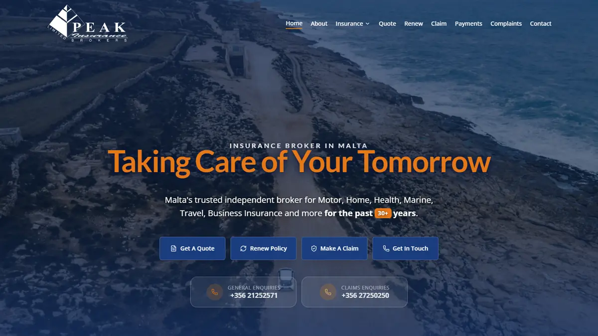 Peak Insurance Brokers website, designed and built by AlphaTech Solutions